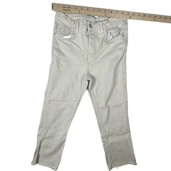 Zara Marine Straight Pants Womens White Denim High Rise Raw Hem Size 4 - Picture 3 of 11